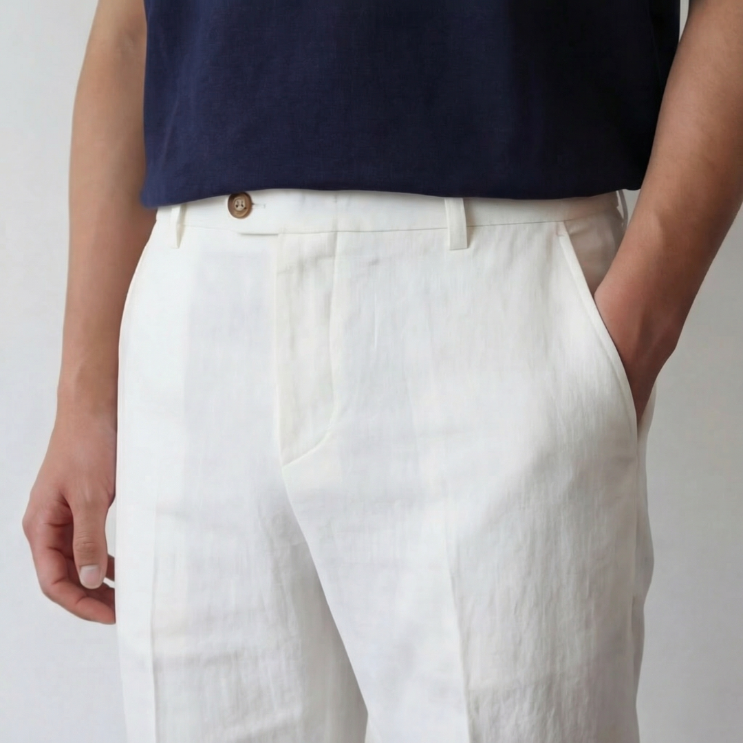 Men linen trousers casual structured fit in beige navy and white