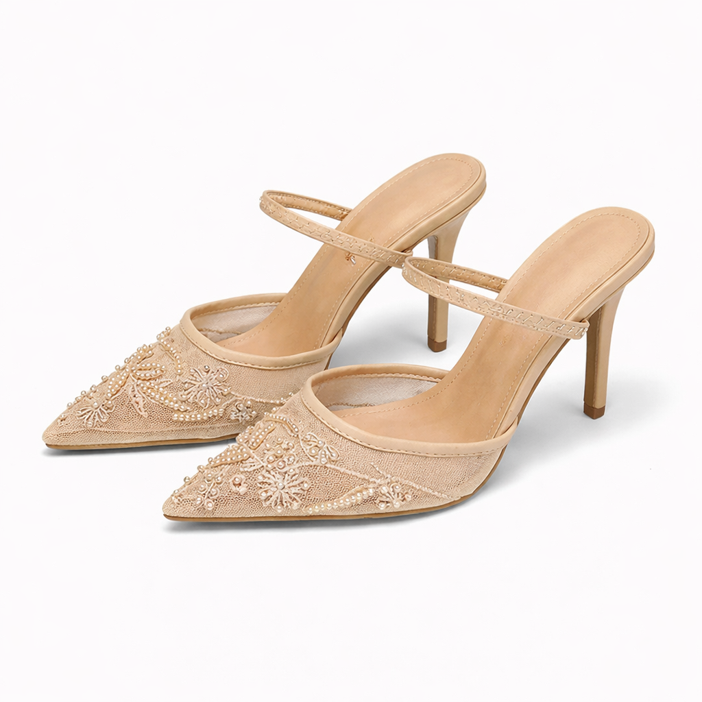 Women mesh mule heels floral embroidered pointed toe slip-on style