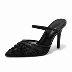 Women mesh mule heels floral embroidered pointed toe slip-on style