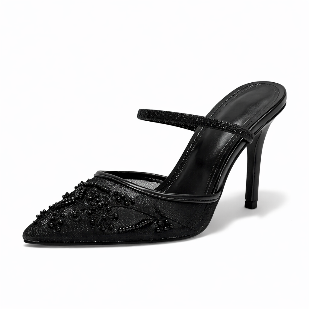 Women mesh mule heels floral embroidered pointed toe slip-on style