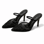 Women mesh mule heels floral embroidered pointed toe slip-on style