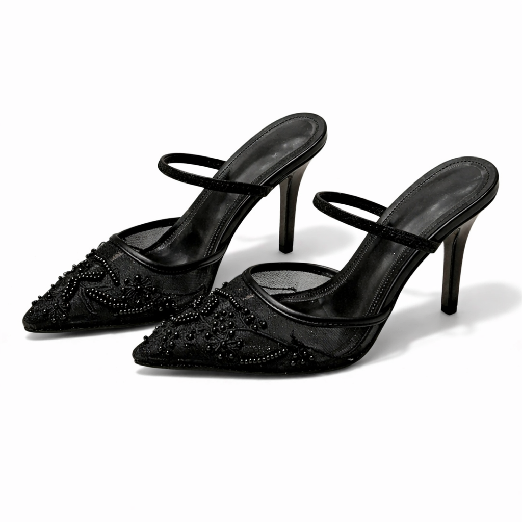 Women mesh mule heels floral embroidered pointed toe slip-on style