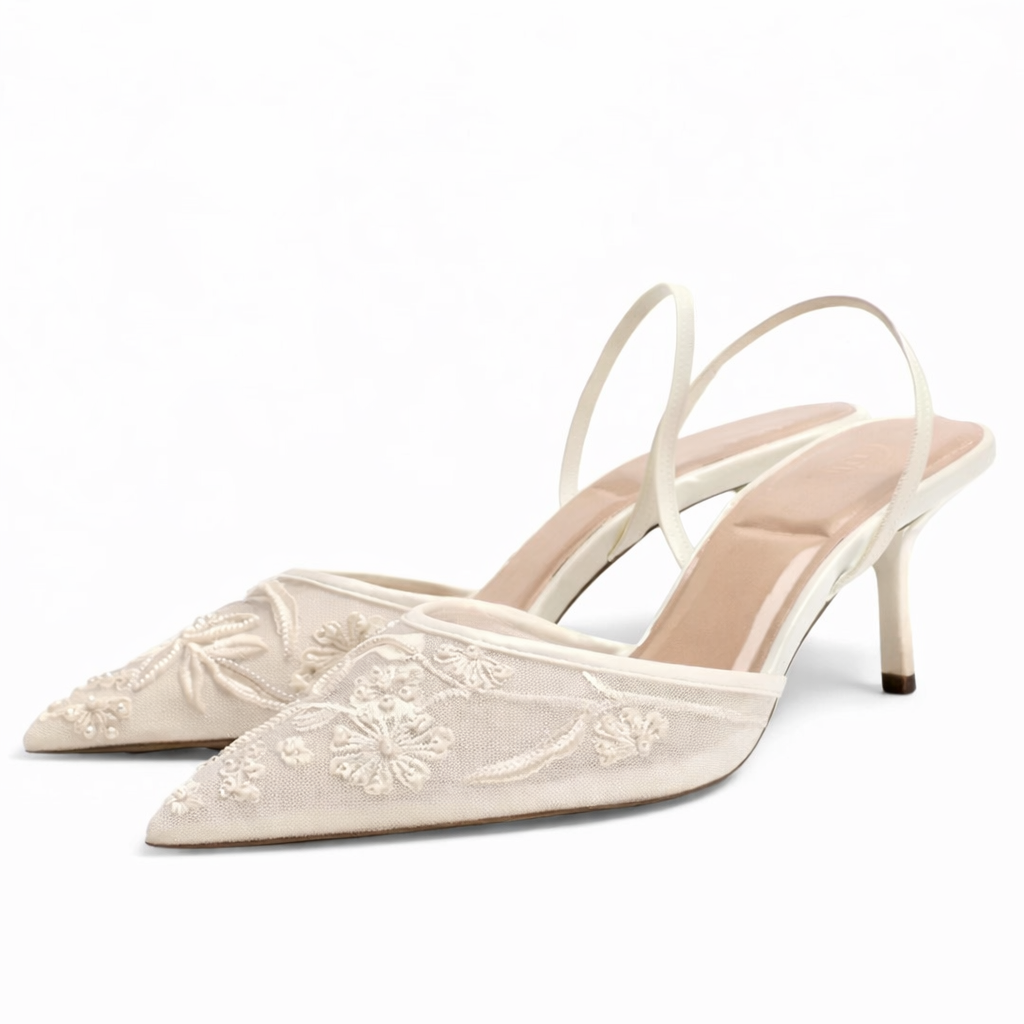 Women mesh mule heels floral embroidered pointed toe slip-on style