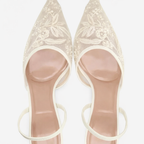Women mesh mule heels floral embroidered pointed toe slip-on style