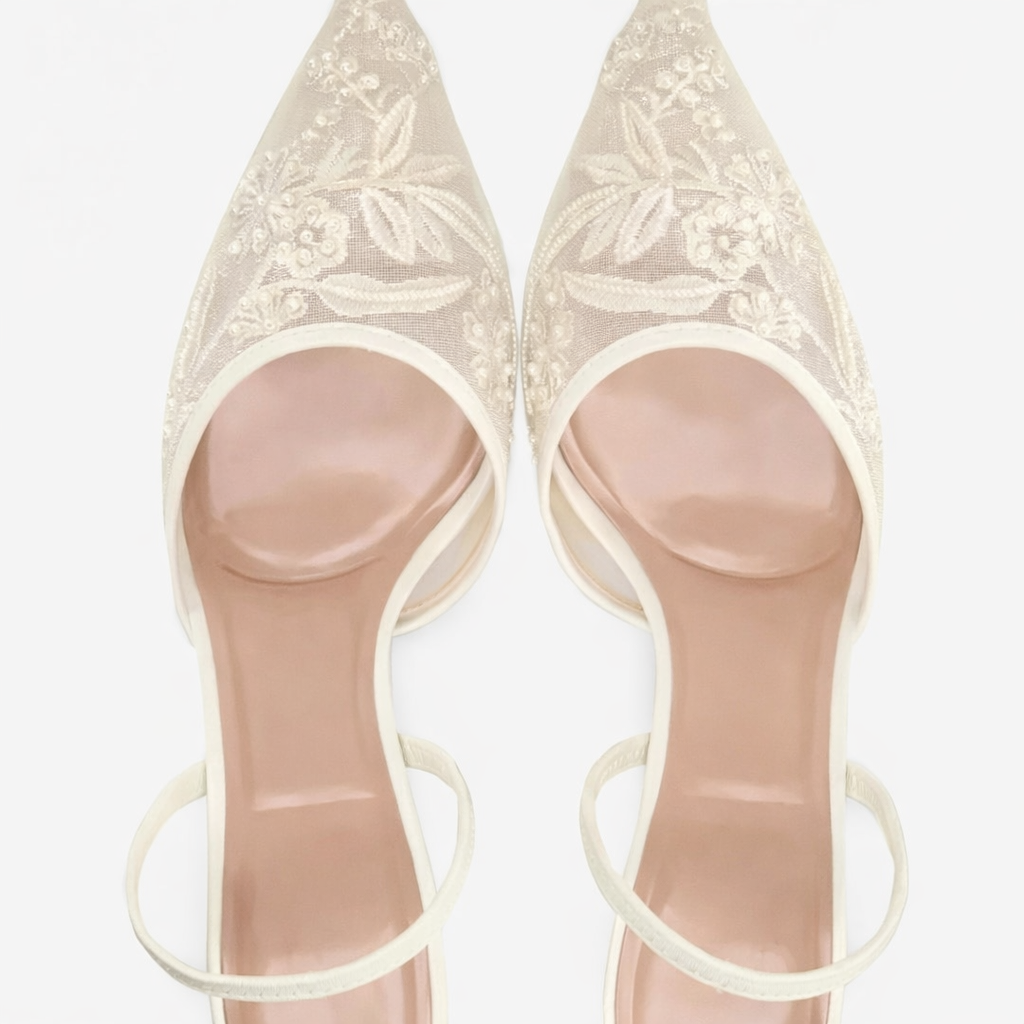 Women mesh mule heels floral embroidered pointed toe slip-on style