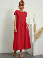 Women casual midi maxi dress with side pockets and short sleeves