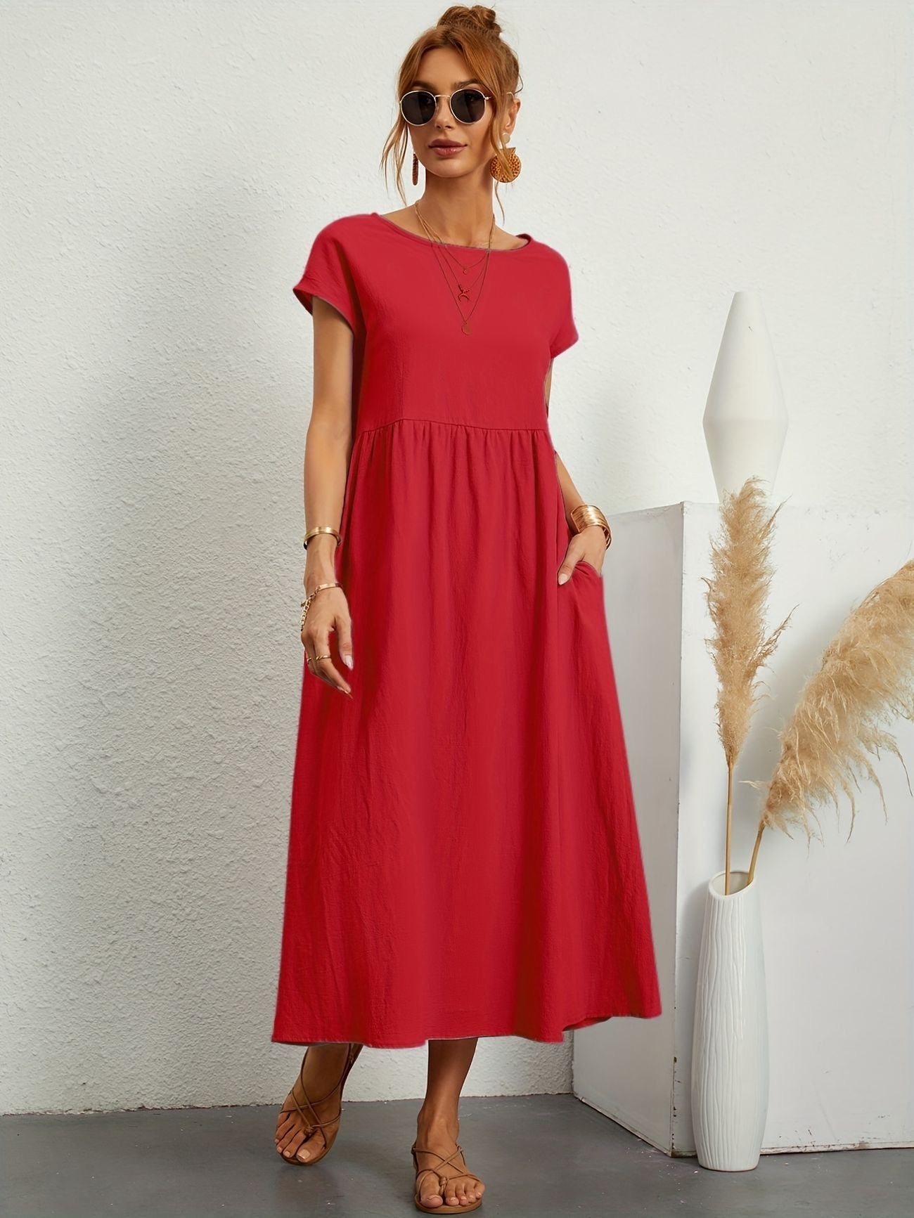 Women casual midi maxi dress with side pockets and short sleeves