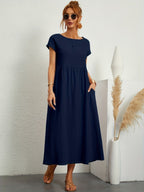 Women casual midi maxi dress with side pockets and short sleeves