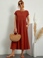 Women casual midi maxi dress with side pockets and short sleeves