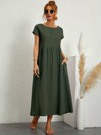 Women casual midi maxi dress with side pockets and short sleeves