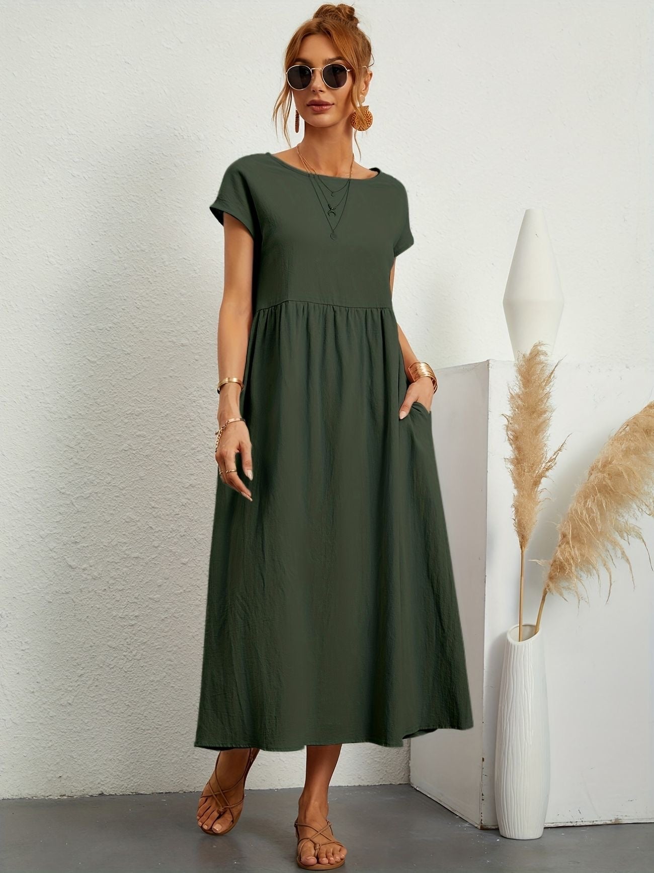 Women casual midi maxi dress with side pockets and short sleeves