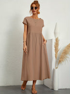Women casual midi maxi dress with side pockets and short sleeves