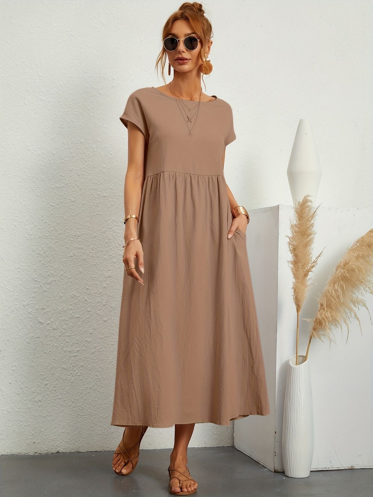 Women casual midi maxi dress with side pockets and short sleeves