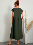 Women casual midi maxi dress with side pockets and short sleeves
