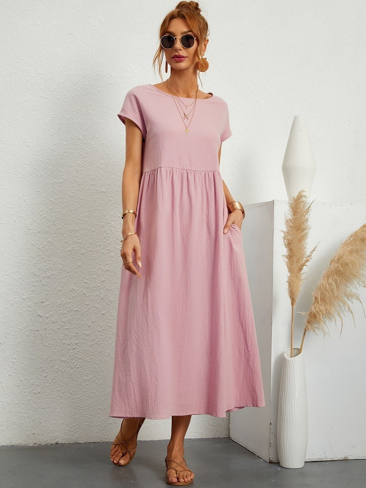 Women casual midi maxi dress with side pockets and short sleeves