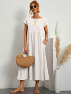 Women casual midi maxi dress with side pockets and short sleeves