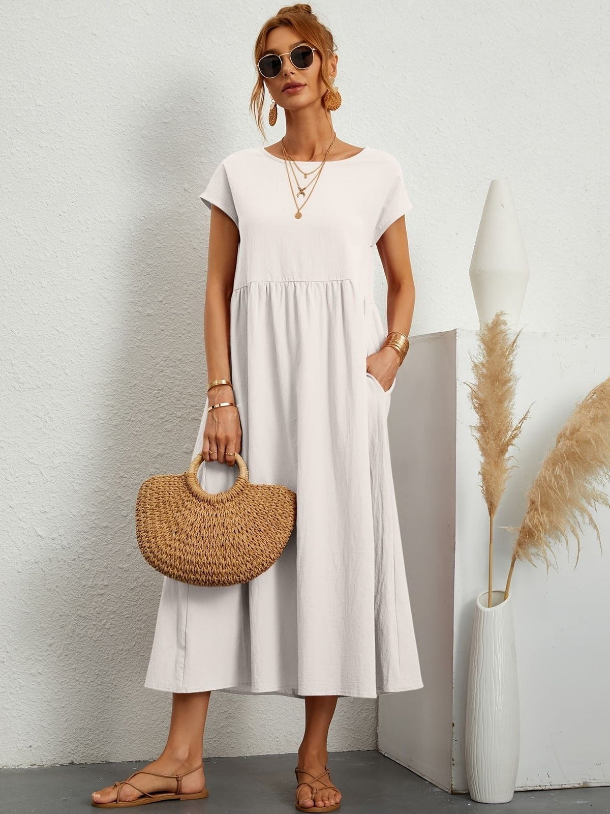 Women casual midi maxi dress with side pockets and short sleeves