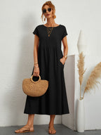 Women casual midi maxi dress with side pockets and short sleeves