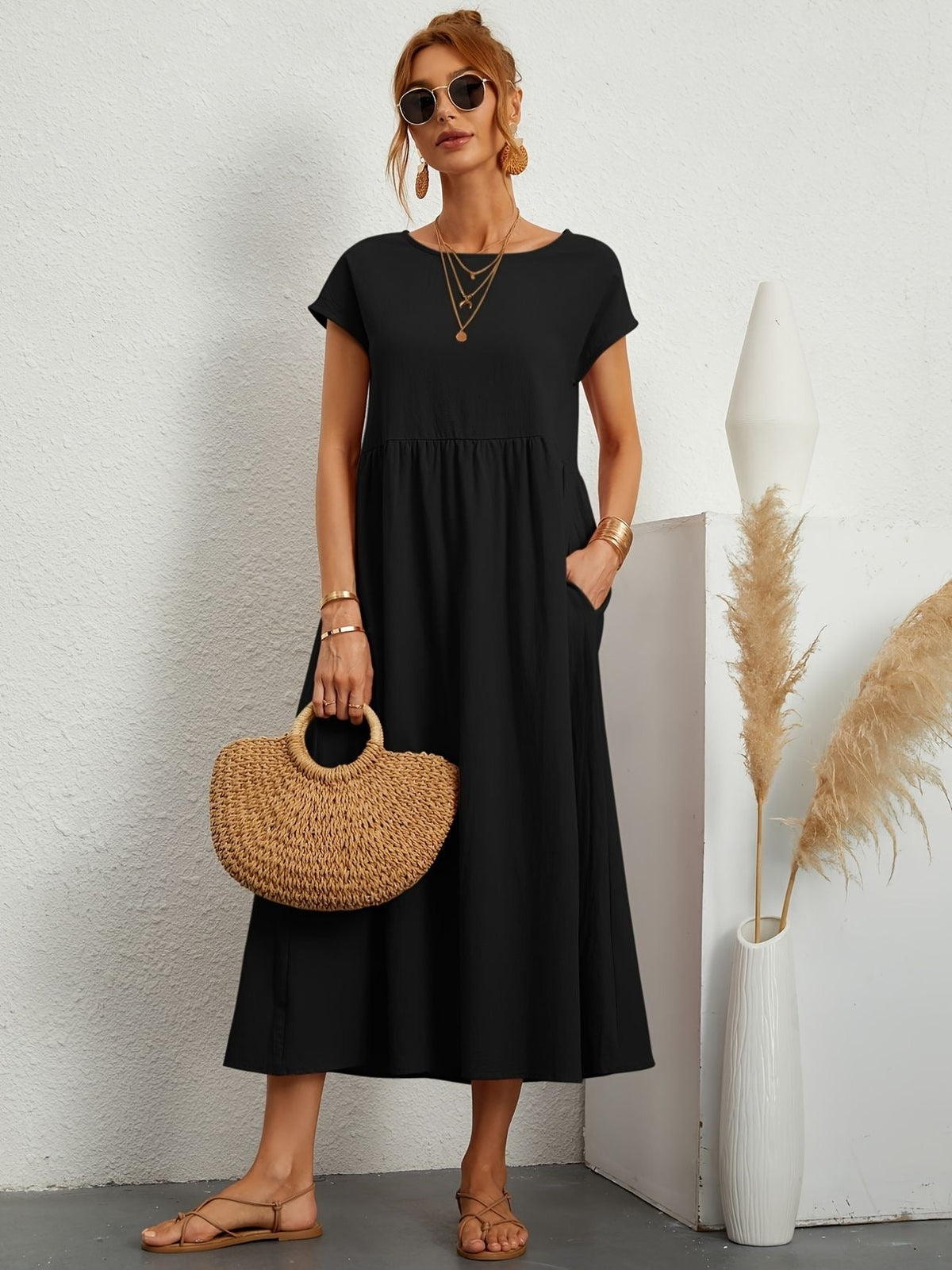 Women casual midi maxi dress with side pockets and short sleeves