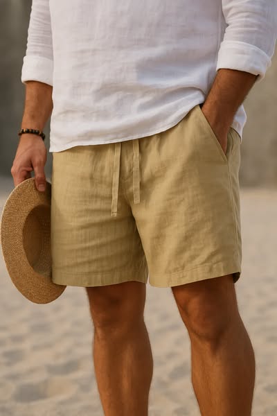Men's linen cotton shorts, breathable casual fit for summer