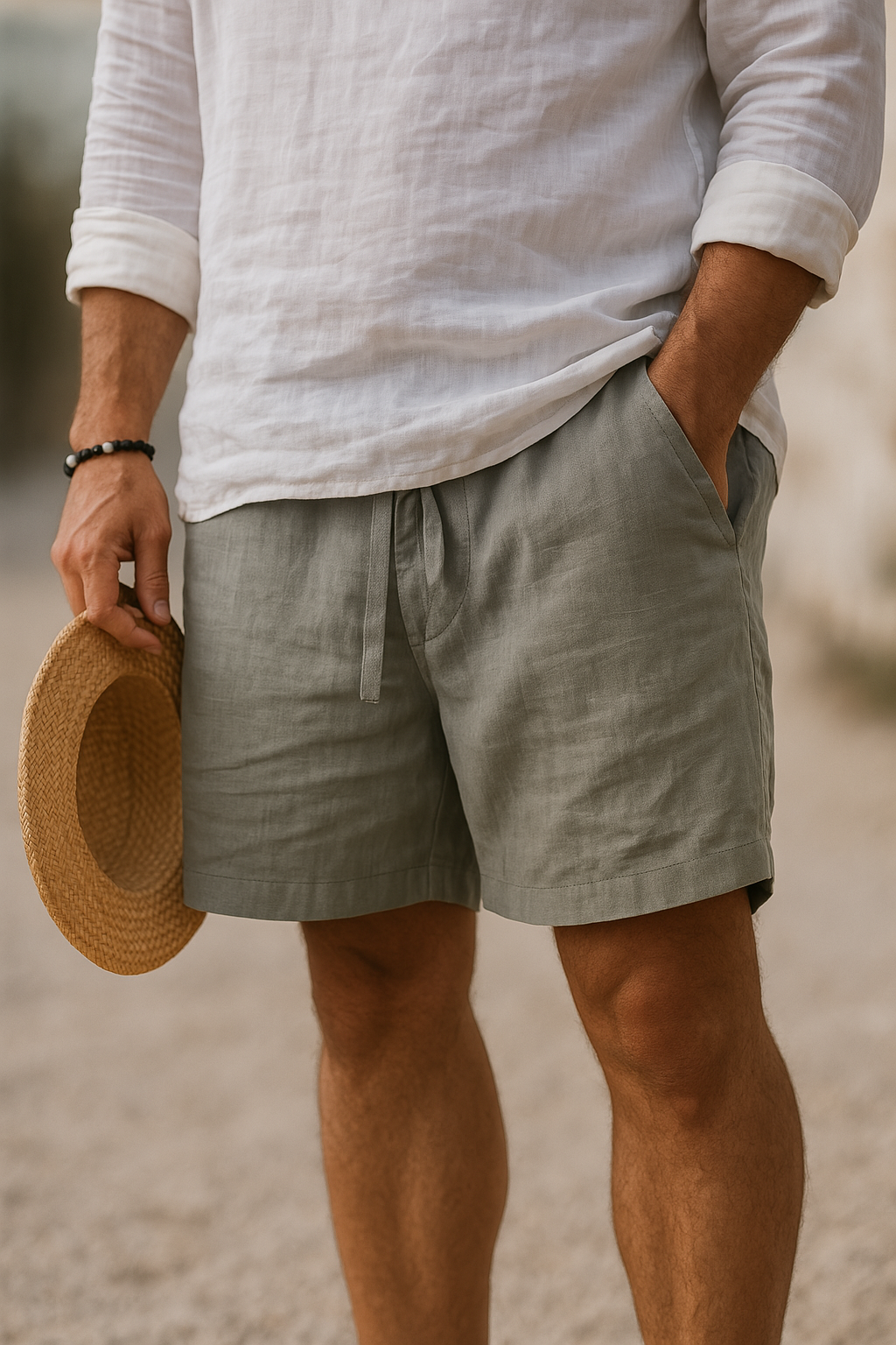 Men's linen cotton shorts, breathable casual fit for summer