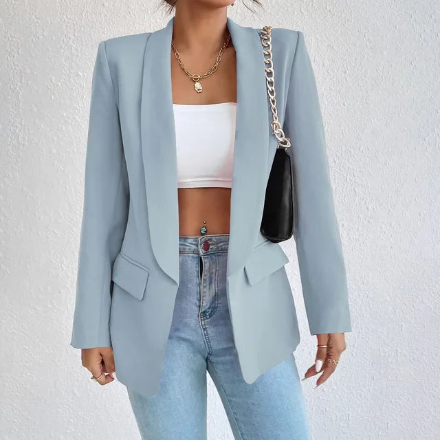 Women single breasted structured blazer with lapel collar and functional pockets