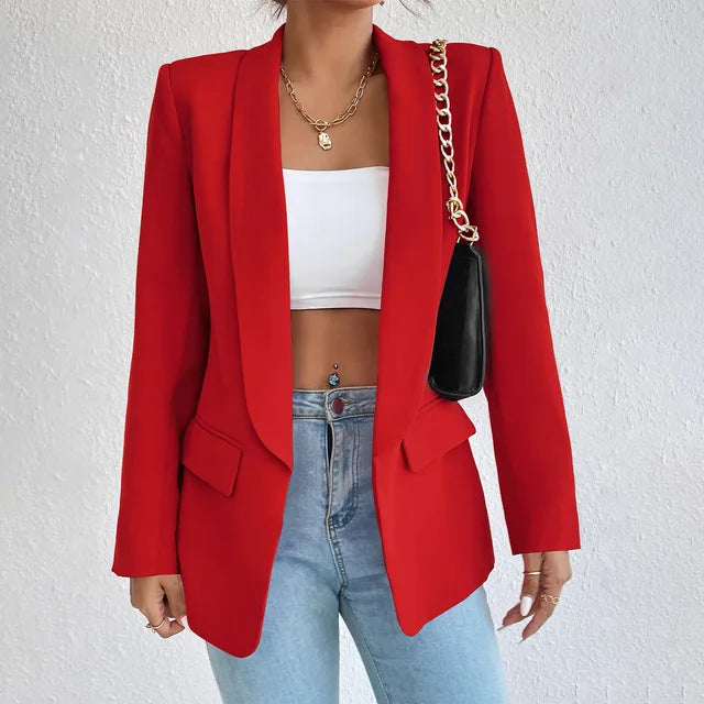 Women single breasted structured blazer with lapel collar and functional pockets