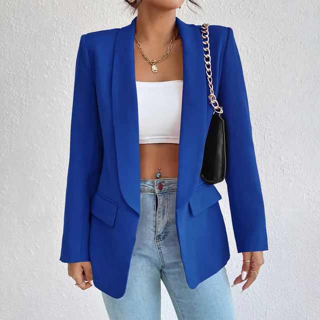 Women single breasted structured blazer with lapel collar and functional pockets