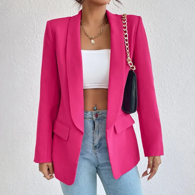 Women single breasted structured blazer with lapel collar and functional pockets