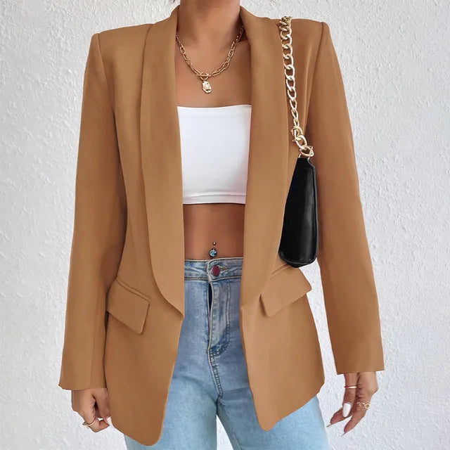 Women single breasted structured blazer with lapel collar and functional pockets