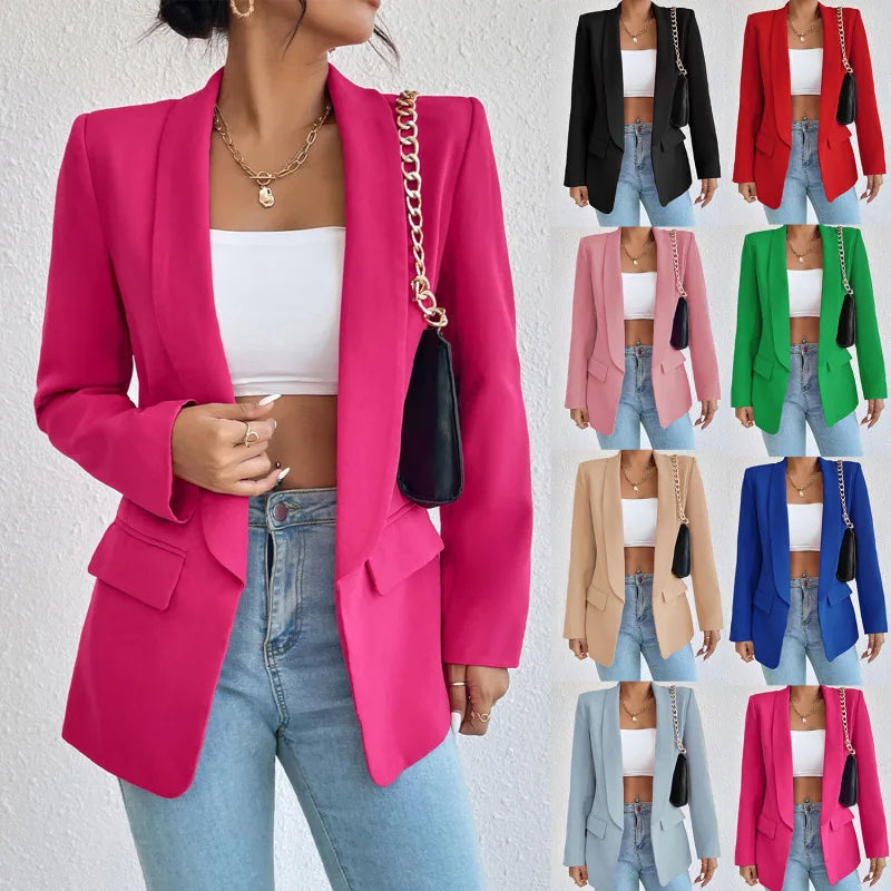 Women single breasted structured blazer with lapel collar and functional pockets