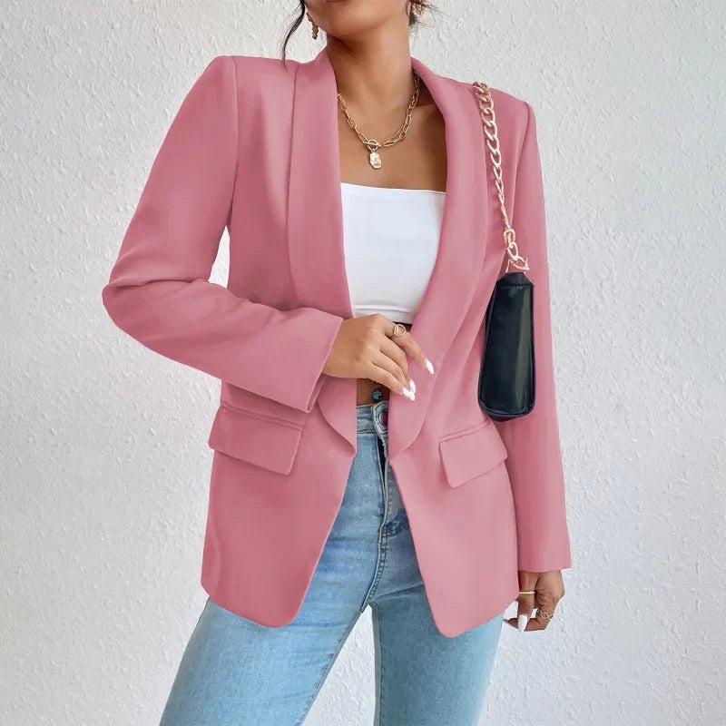 Women single breasted structured blazer with lapel collar and functional pockets