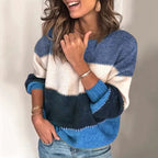 Women's striped knit sweater with relaxed fit, warm and versatile
