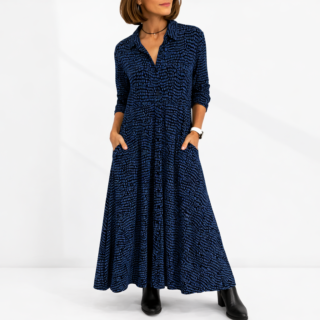 Women's midi shirt dress relaxed fit with long sleeves and side pockets