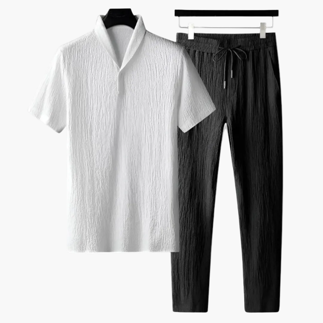 Women's cotton co-ord set summer two-piece shirt and pants in black and white