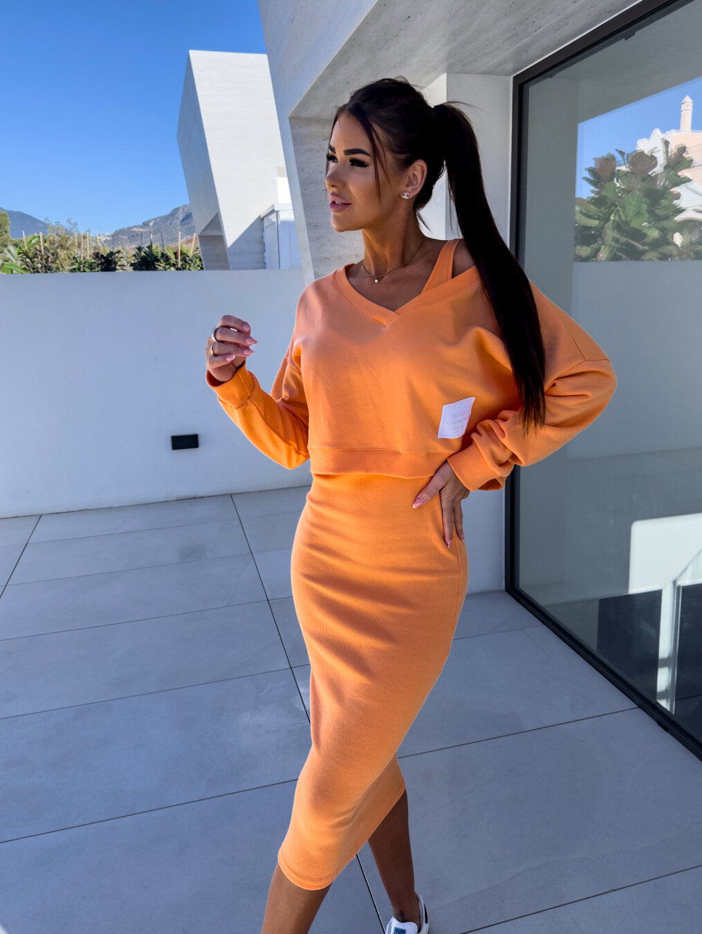 Women's two-piece set with midi dress and sweatshirt, all-season co-ord