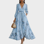 Pleated maxi dress V-neck long sleeve with ribbon-tie waist and floral pattern