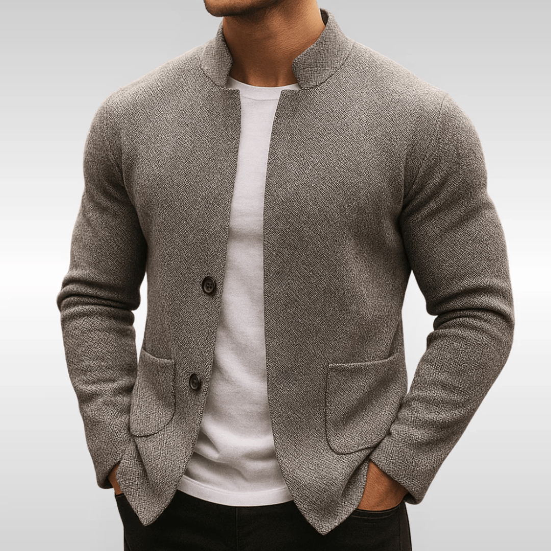 Men knit cardigan minimalist textured with mandarin collar and patch pockets