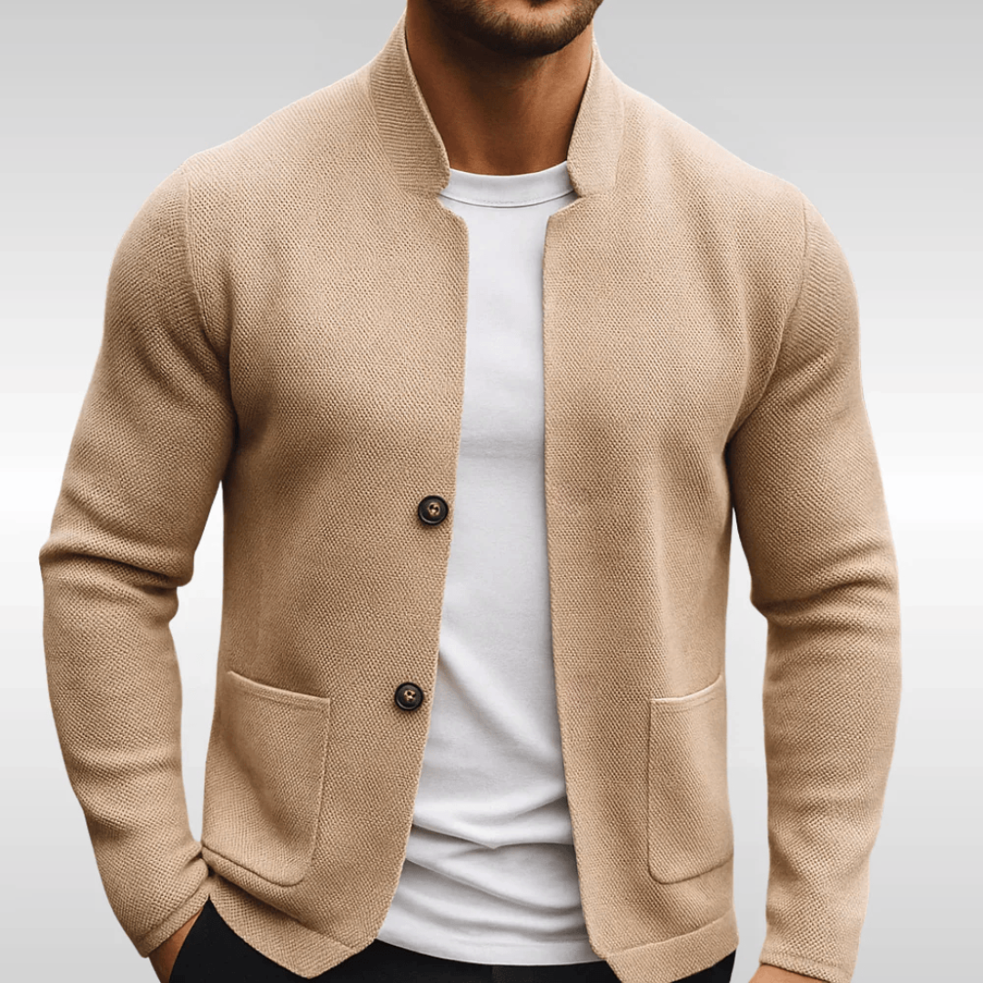 Men knit cardigan minimalist textured with mandarin collar and patch pockets