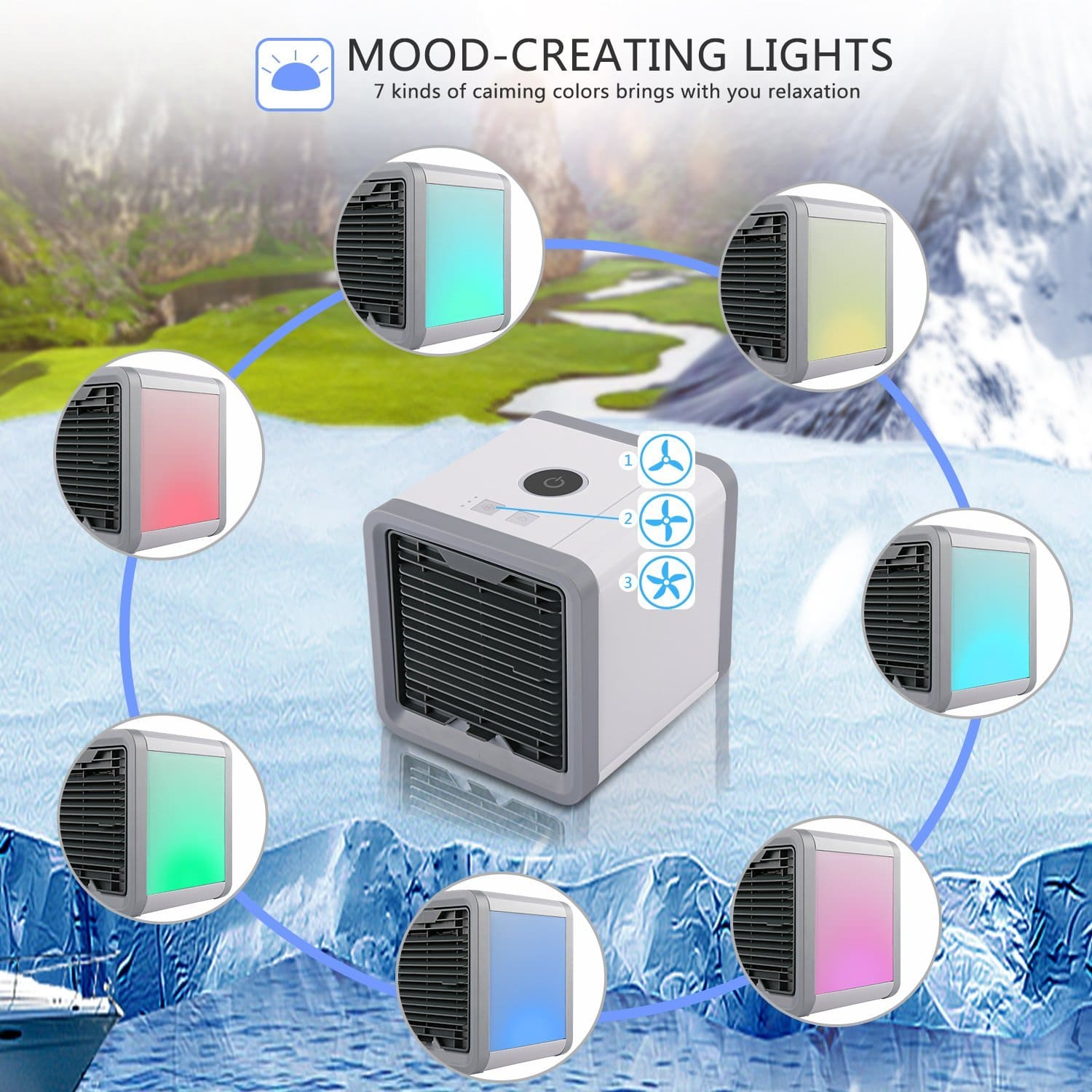 Mobile air conditioner 3-in-1 USB cooler humidifier purifier with 500ml tank and LED lights