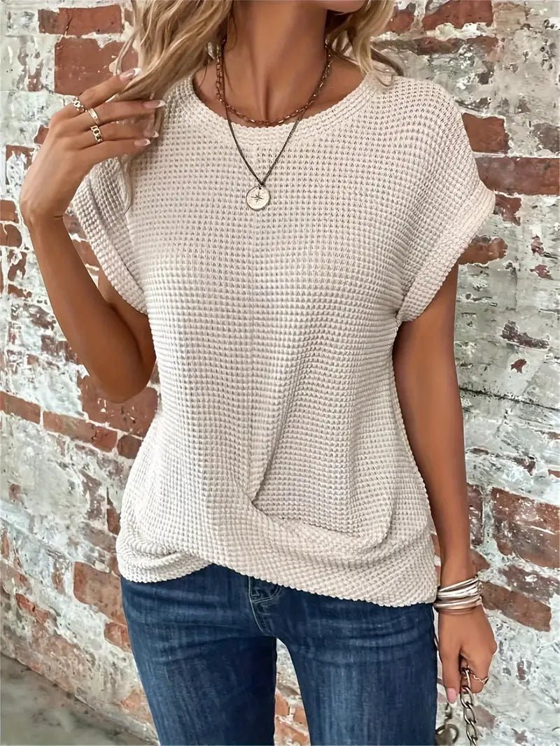 Women waffle knit tee relaxed fit short sleeve casual top
