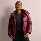 Women's shiny quilted jacket with removable hood in black and burgundy