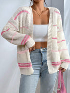 Women oversized knit cardigan open front striped in multiple colors