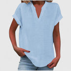 Women's V-neck blouse short sleeve straight cut, available in multiple solid colors