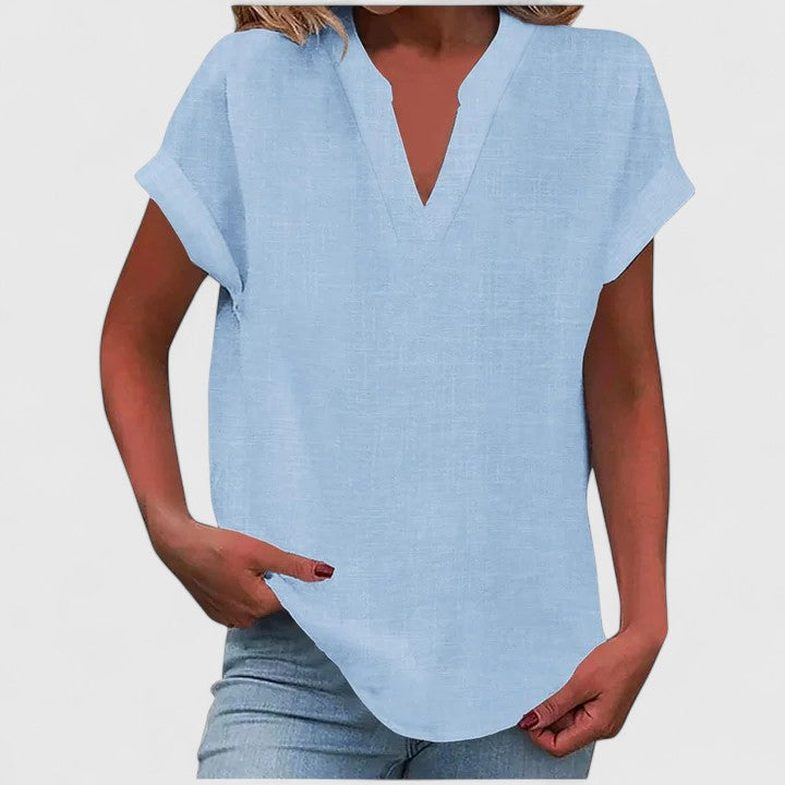 Women's V-neck blouse short sleeve straight cut, available in multiple solid colors