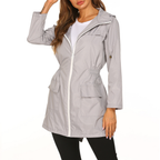 Women hooded rain jacket mid length with zip front and drawstring waist