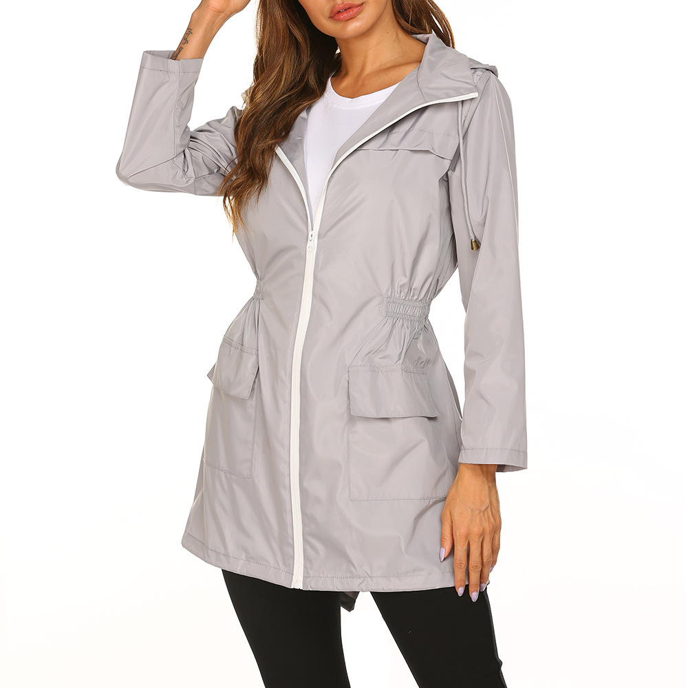 Women hooded rain jacket mid length with zip front and drawstring waist