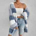 Women oversized cardigan sweater open front blue white stripe long sleeve