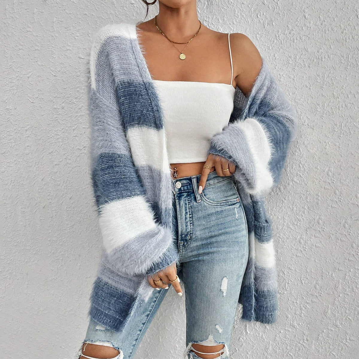 Women oversized cardigan sweater open front blue white stripe long sleeve