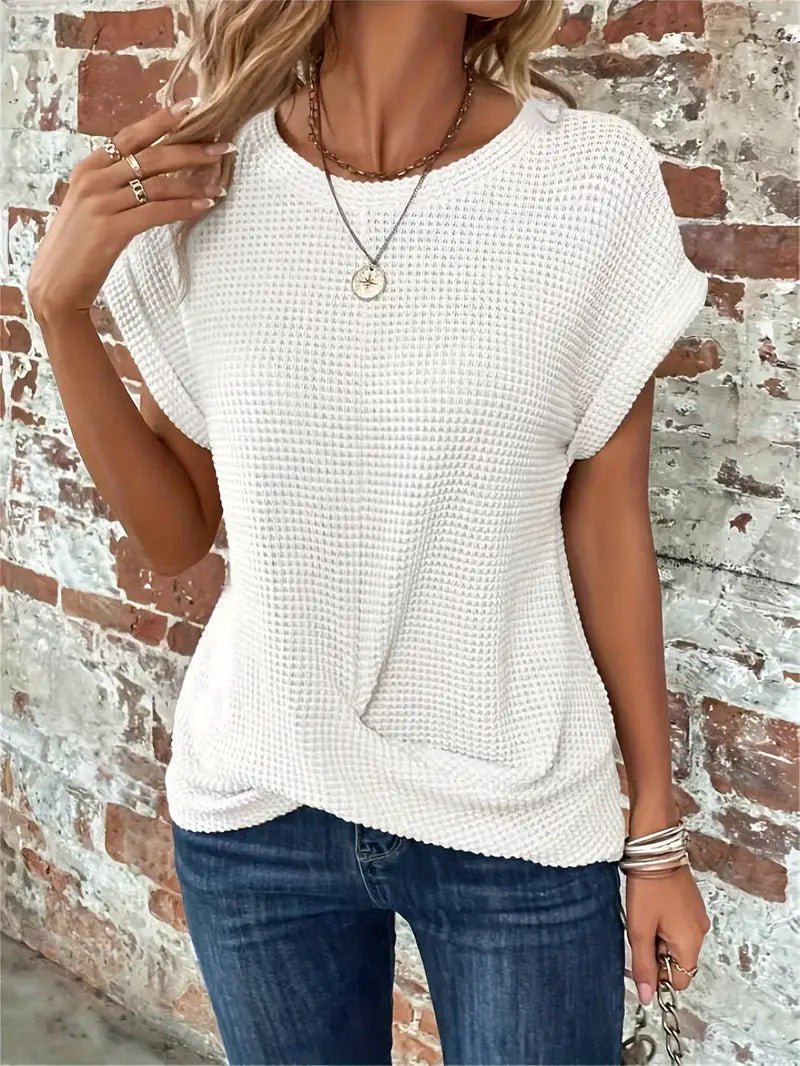 Women waffle knit tee relaxed fit short sleeve casual top